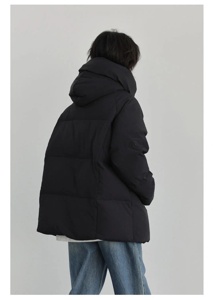 Stylish duck down jacket with detachable hood in black and khaki