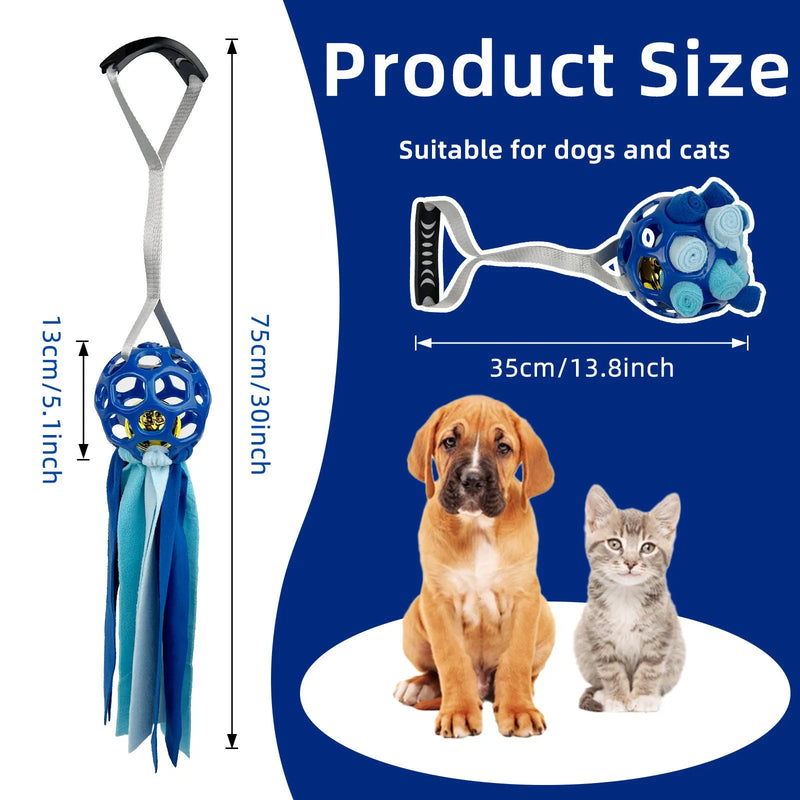 Interactive pet toy ball for dogs and cats featuring a hollow design and internal bell for sound stimulation, constructed from durable TPR material and available in five colours: black, blue, green, red, and yellow.