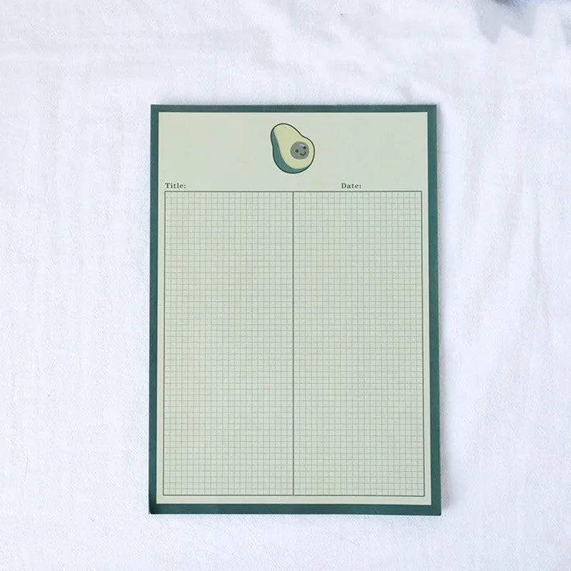Cartoon design sticky note pads in avocado, bear, love heart, or small flower themes showing two size options