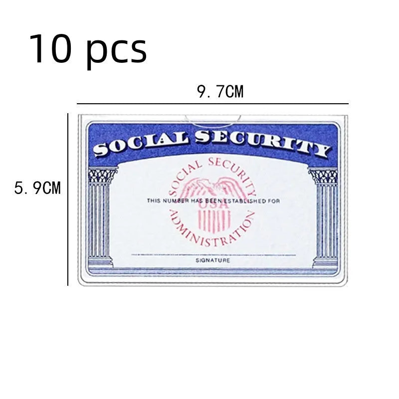 Clear transparent PVC social security card holder with dimensions 9.7cm by 5.9cm.