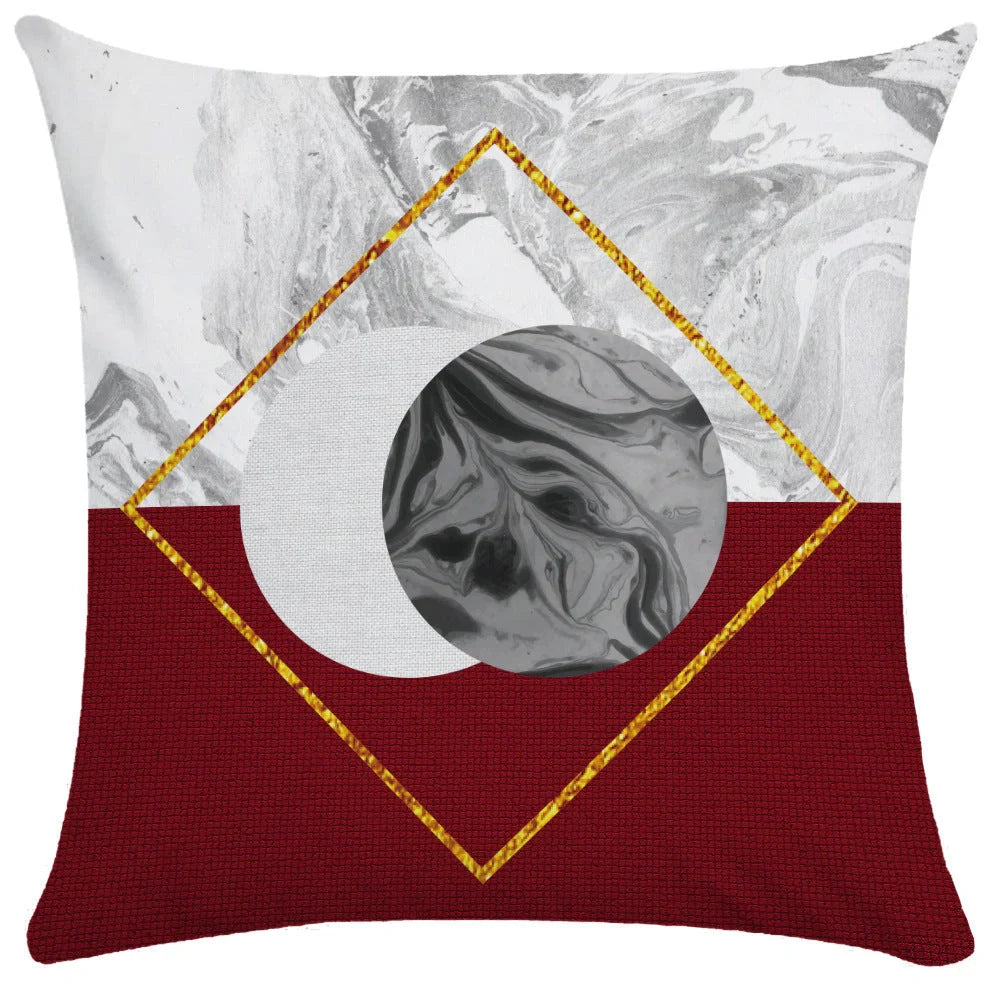 Geometric pattern throw pillow on office sofa showing 45x45cm size with ultra-flexible printing