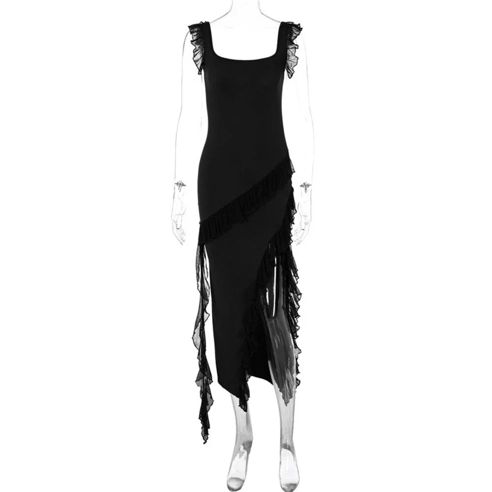 Stylish ruffled split-hem cocktail dress in a variety of colors, featuring a flattering silhouette and delicate spaghetti straps
