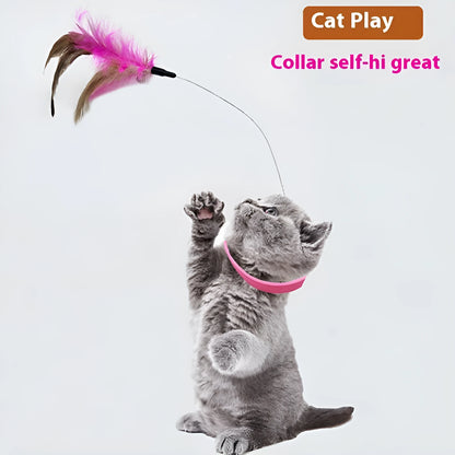 Cat collar teaser toy with feather and bell attachment on adjustable 32.5cm strap