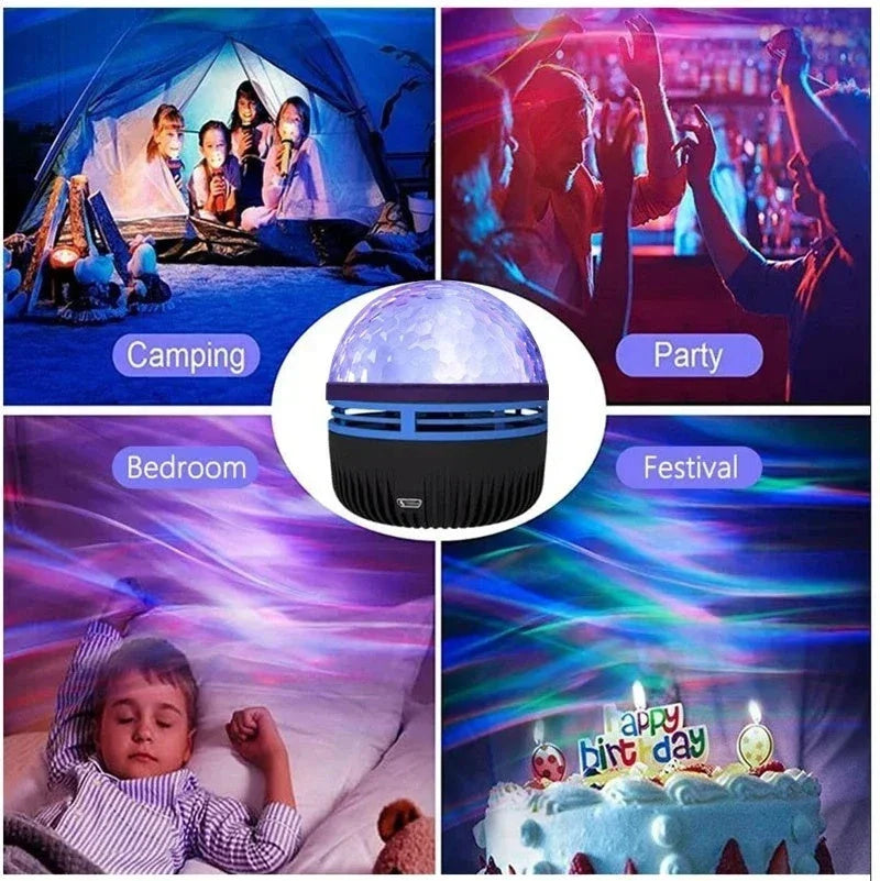 LED Galaxy Star Projector with rotating color-changing display, creating a soothing starry night effect in a bedroom