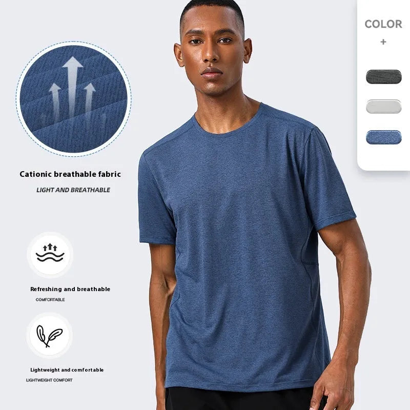 Men's summer short sleeve shirt lightweight breathable quick-drying polyester sports leisure t-shirt in dark grey denim blue light cloud grey with reflective night vision for adult activewear