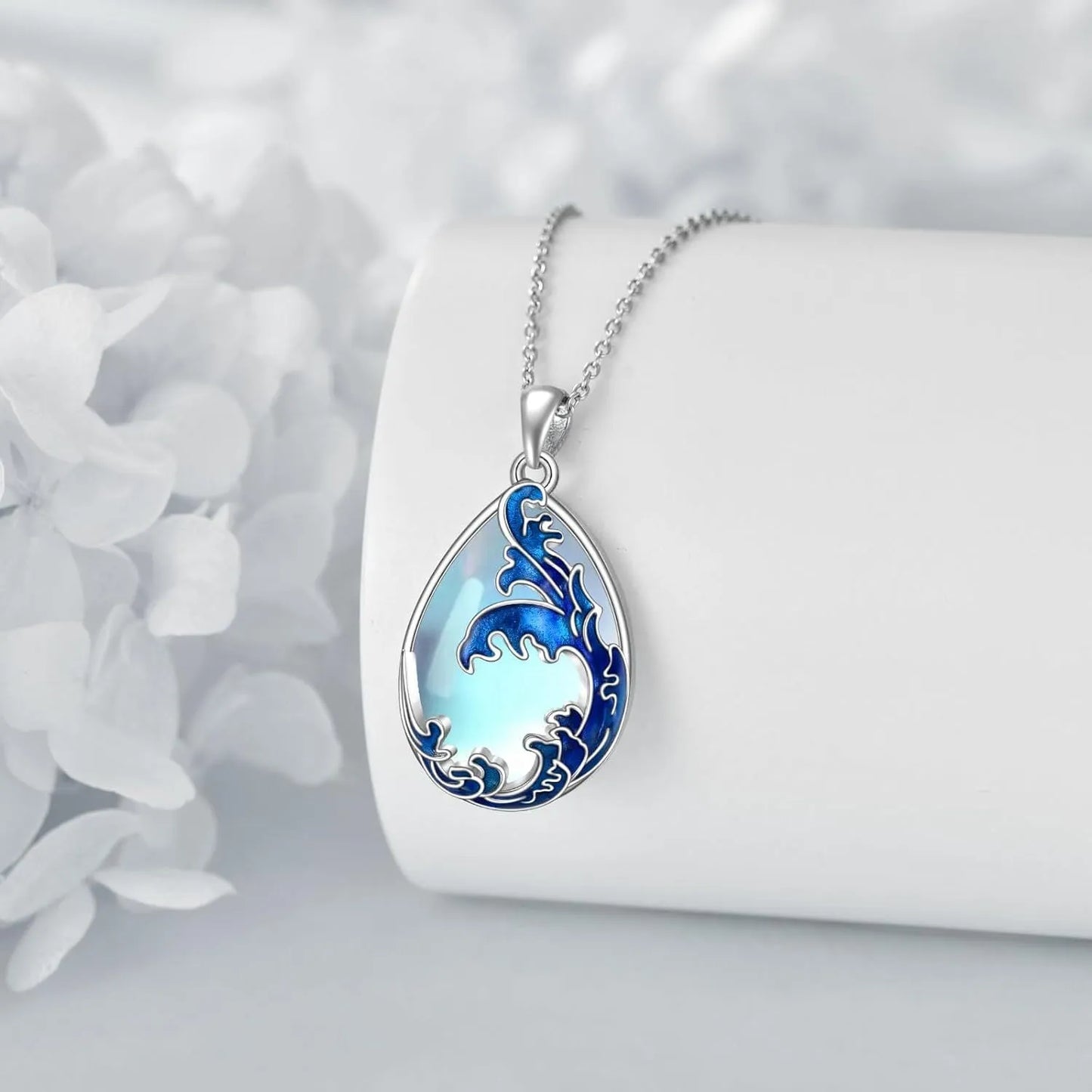 Blue heart-shaped alloy pendant necklace with adjustable 45-50cm chain on display