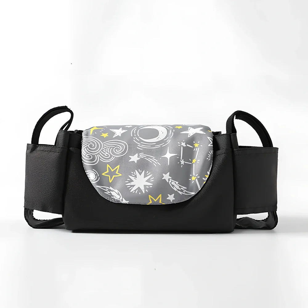 35cm wide baby stroller organiser with compartments and velcro dust cover mounted on pram pole