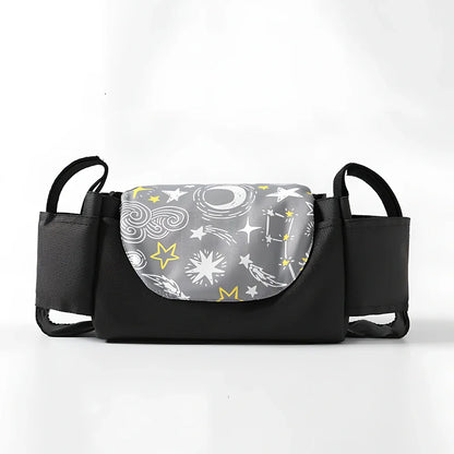 35cm wide baby stroller organiser with compartments and velcro dust cover mounted on pram pole
