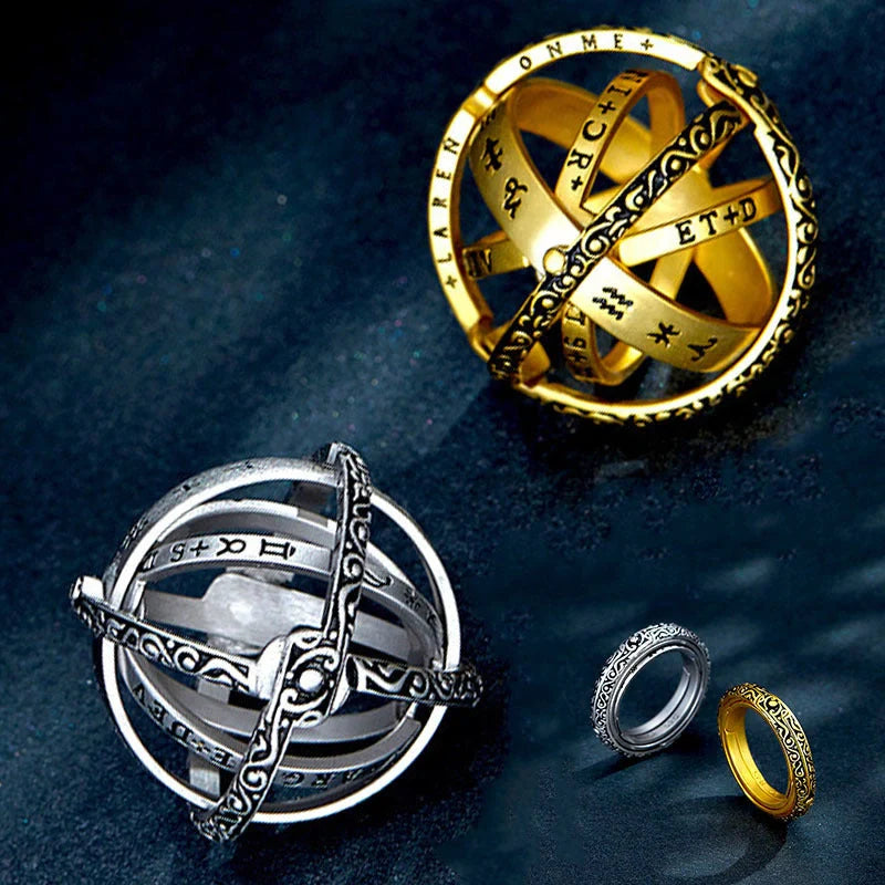 Astronomical ball ring necklace with flip deformation feature in silver and gold