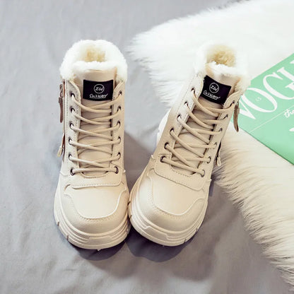Women's plus size fleece-lined snow boots in tall crown design with mid heel and lace-up front