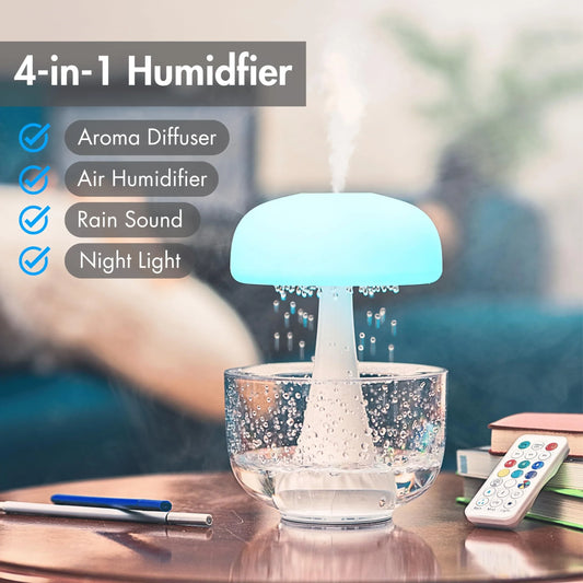 Cozy Raindrop Humidifier with Mesmerizing Lights, Ultrasonic Atomization, Seven-color Ambient Lighting, and Aroma Diffuser for Home Decor