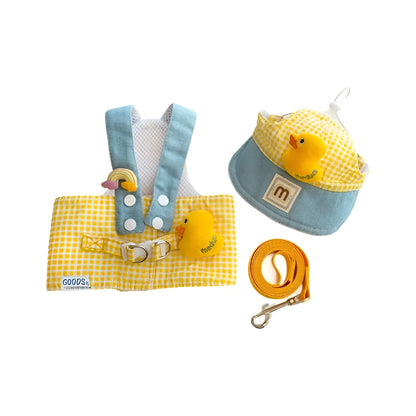 Pet wire rope pulling set showing harness, leash, and cute hat for a cat or dog.