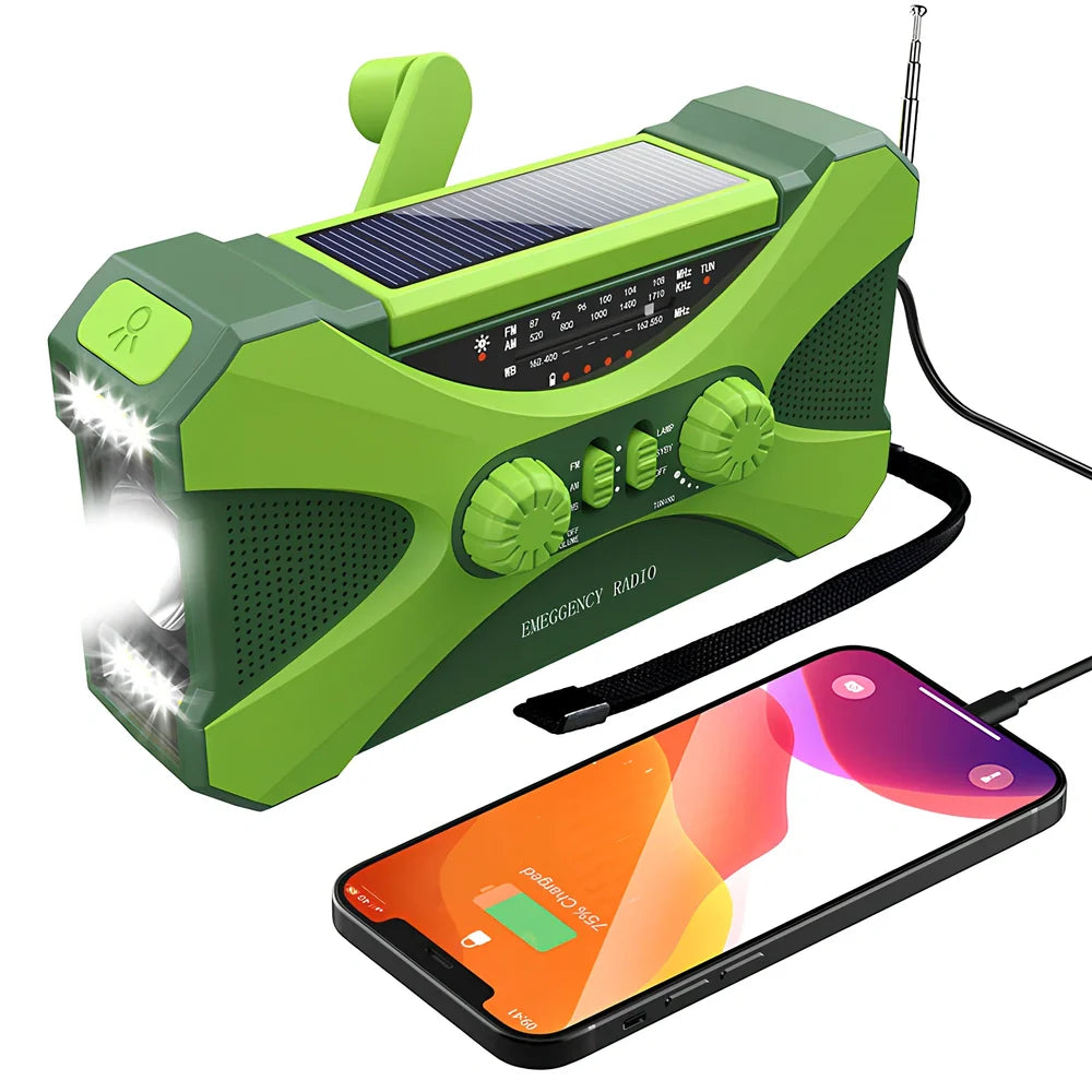 Green 3-in-1 hand crank emergency radio showing AM-FM-NOAA dials, 10000mAh battery, solar panel, reading lamp, and flashlight in 8x9.5x6.5cm portable design