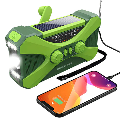Green 3-in-1 hand crank emergency radio showing AM-FM-NOAA dials, 10000mAh battery, solar panel, reading lamp, and flashlight in 8x9.5x6.5cm portable design