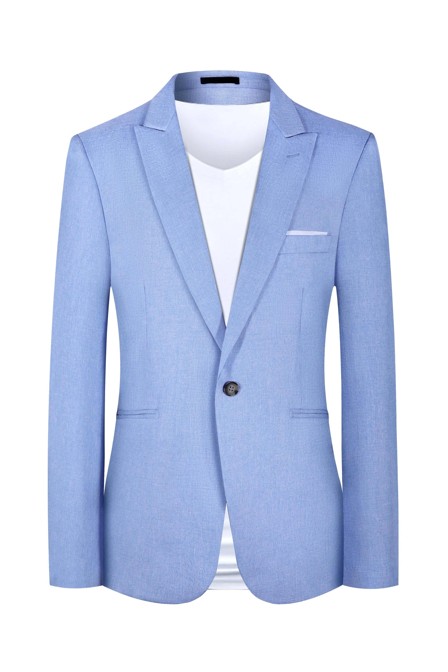 Men's light blue Western-style casual suit for spring and summer with detailed sizing measurements