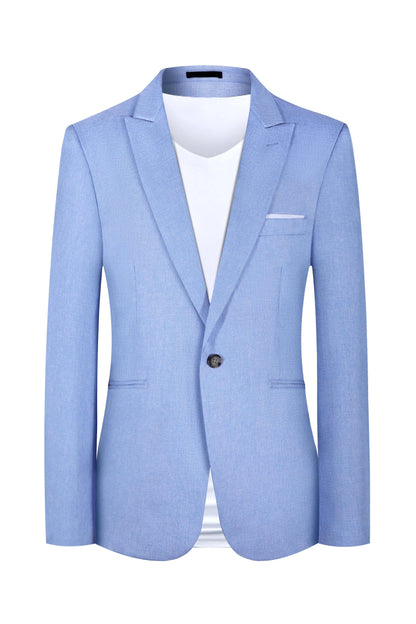 Men's light blue Western-style casual suit for spring and summer with detailed sizing measurements