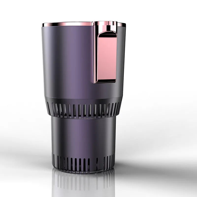 Black 12V car heating and cooling cup with digital display in a vehicle cup holder.
