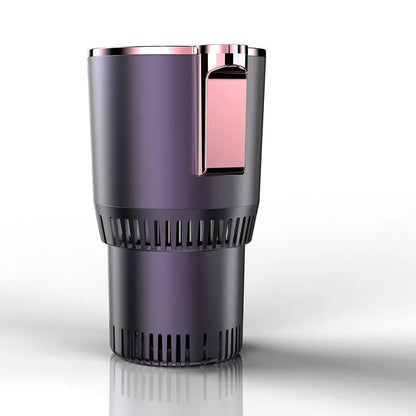 Black 12V car heating and cooling cup with digital display in a vehicle cup holder.