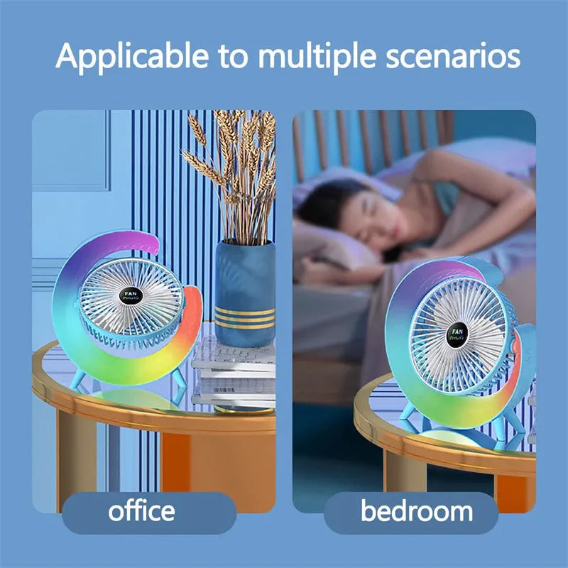 Grass green USB desktop fan with night light on a wooden desk