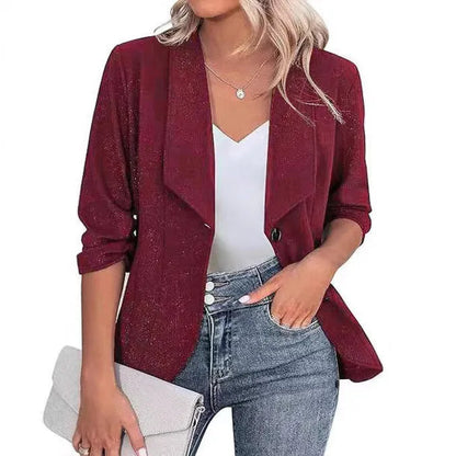 Slim fit long sleeve polyester cardigan jacket in black, white, or wine red.