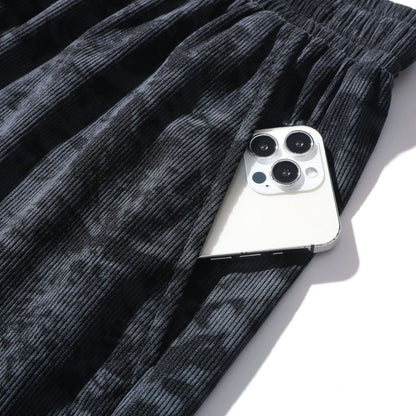 Men's corduroy camouflage athletic shorts in grey with a high-waist and straight-leg design.