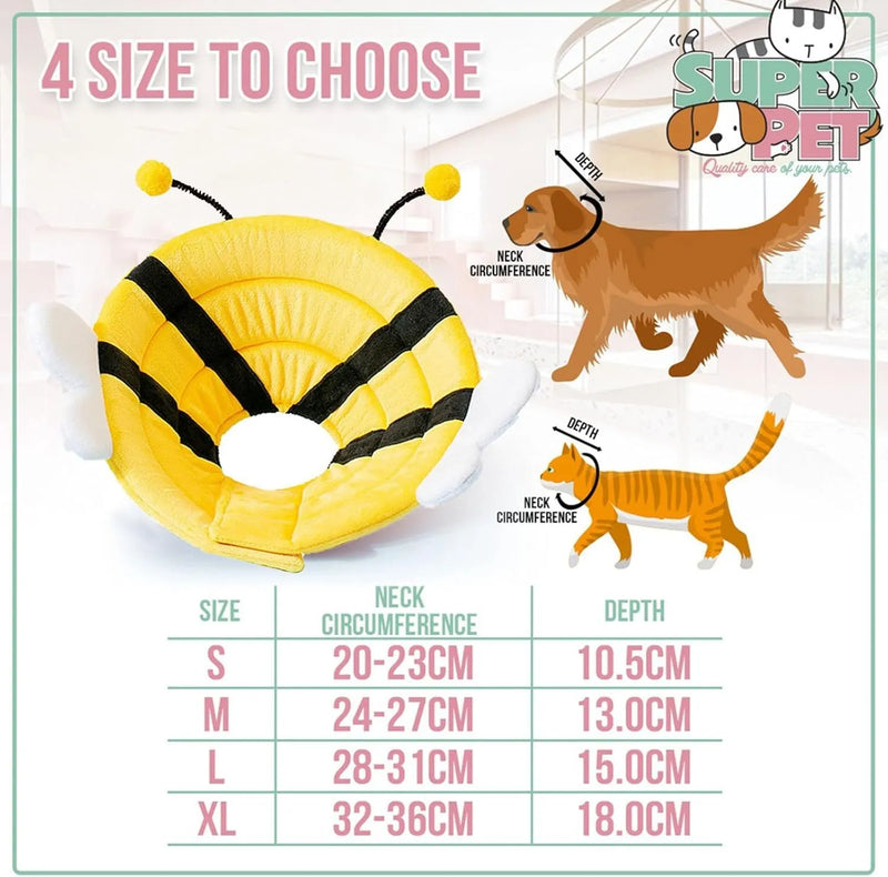 Cat cone collar with a soft, breathable design for pet comfort and wide protection against scratching and licking, featuring a cute bee shape for a touch of fun during recovery and an adjustable Velcro closure for a secure fit.