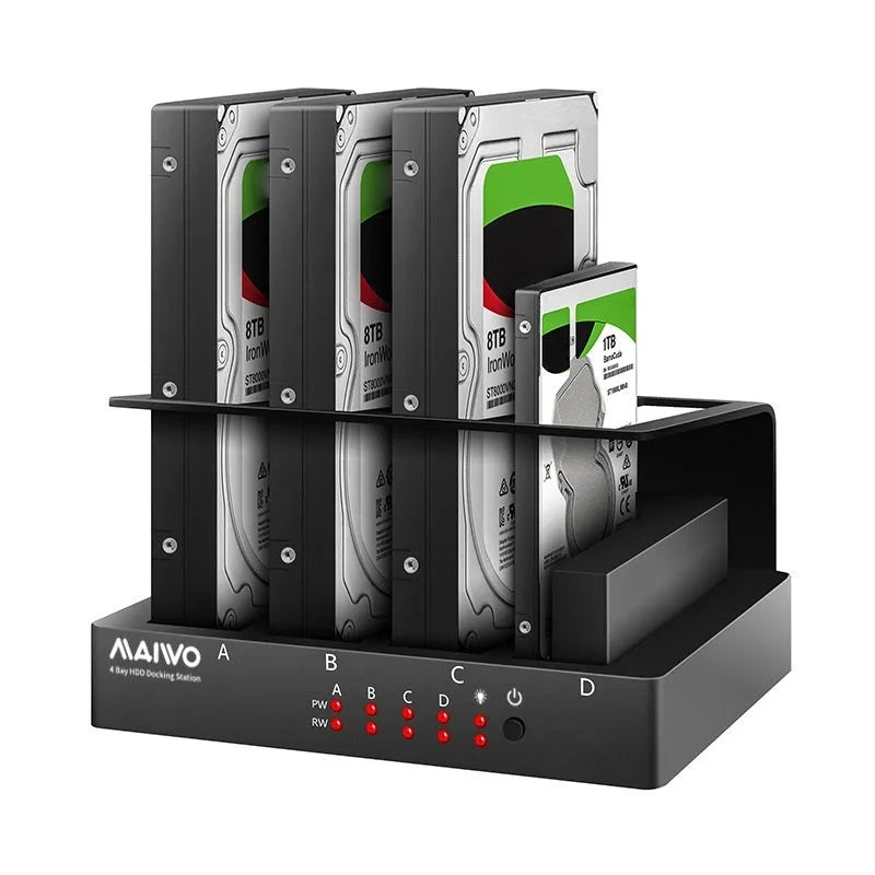 K305BU3S four-bay external hard drive docking station with four 2.5-inch SATA drives inserted, showing USB 3.0 and power cables.