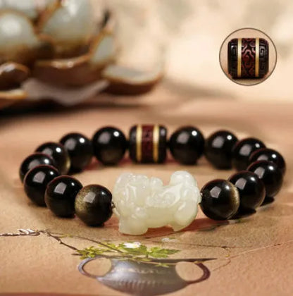 Natural Rainbow Eye Obsidian crystal bracelet in Gold Obsidian or Jade Pi Xiu colours, showing 10mm, 12mm and 14mm bead size options.