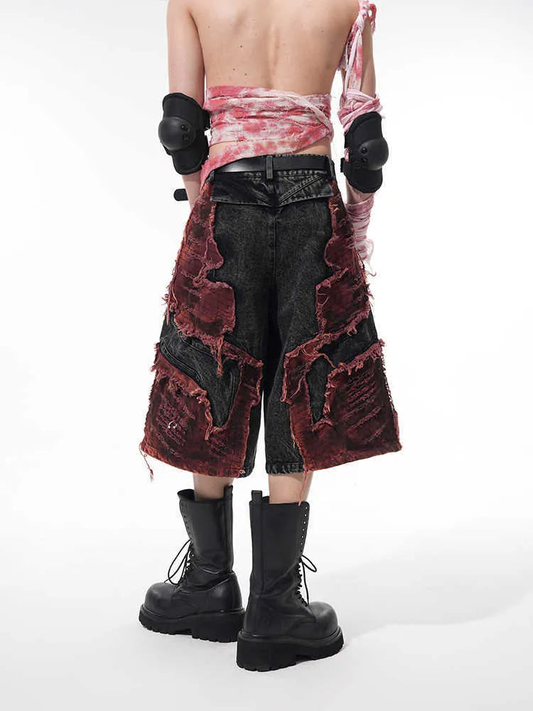 Women's distressed denim cropped wide-leg pants with brushed stitching and mid-high waist