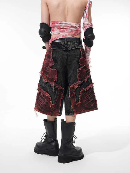 Women's distressed denim cropped wide-leg pants with brushed stitching and mid-high waist