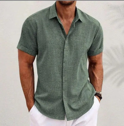 Men's light grey cotton blend cardigan with lapels and long sleeves on a hanger.