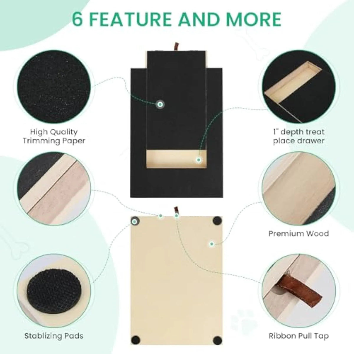 Wooden dog nail scratch board with treat drawer and four circular non-slip pads on base