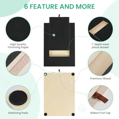 Wooden dog nail scratch board with treat drawer and four circular non-slip pads on base