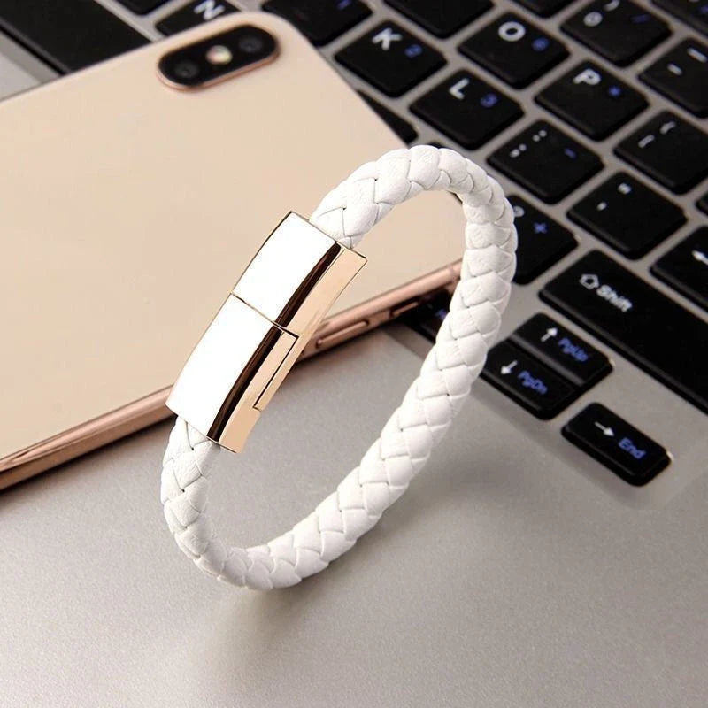 Stylish leather bracelet with built-in charging cable for smartphones and USB-C devices