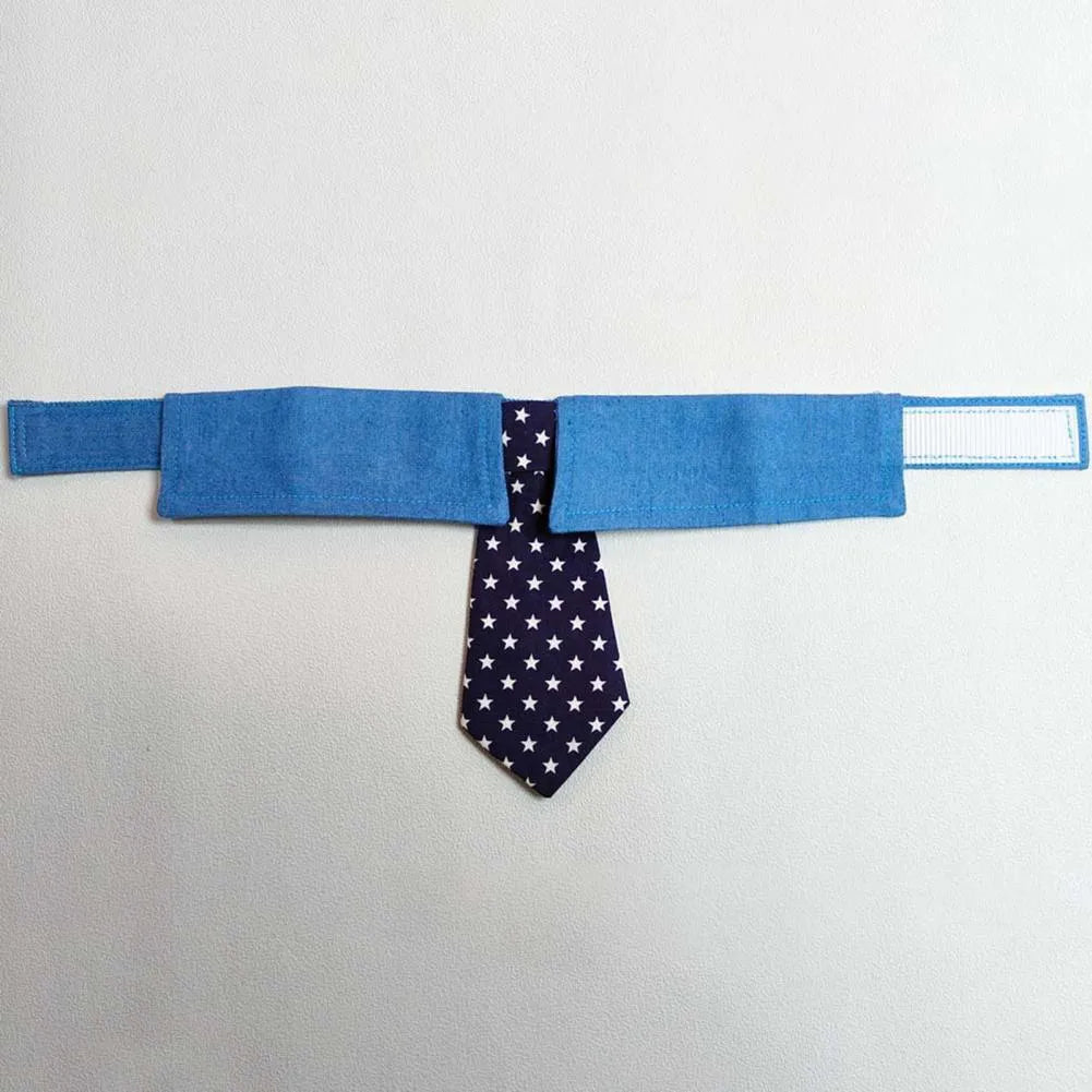 Adjustable denim pet collar with star pattern showing bow and tie styles for formal pet events