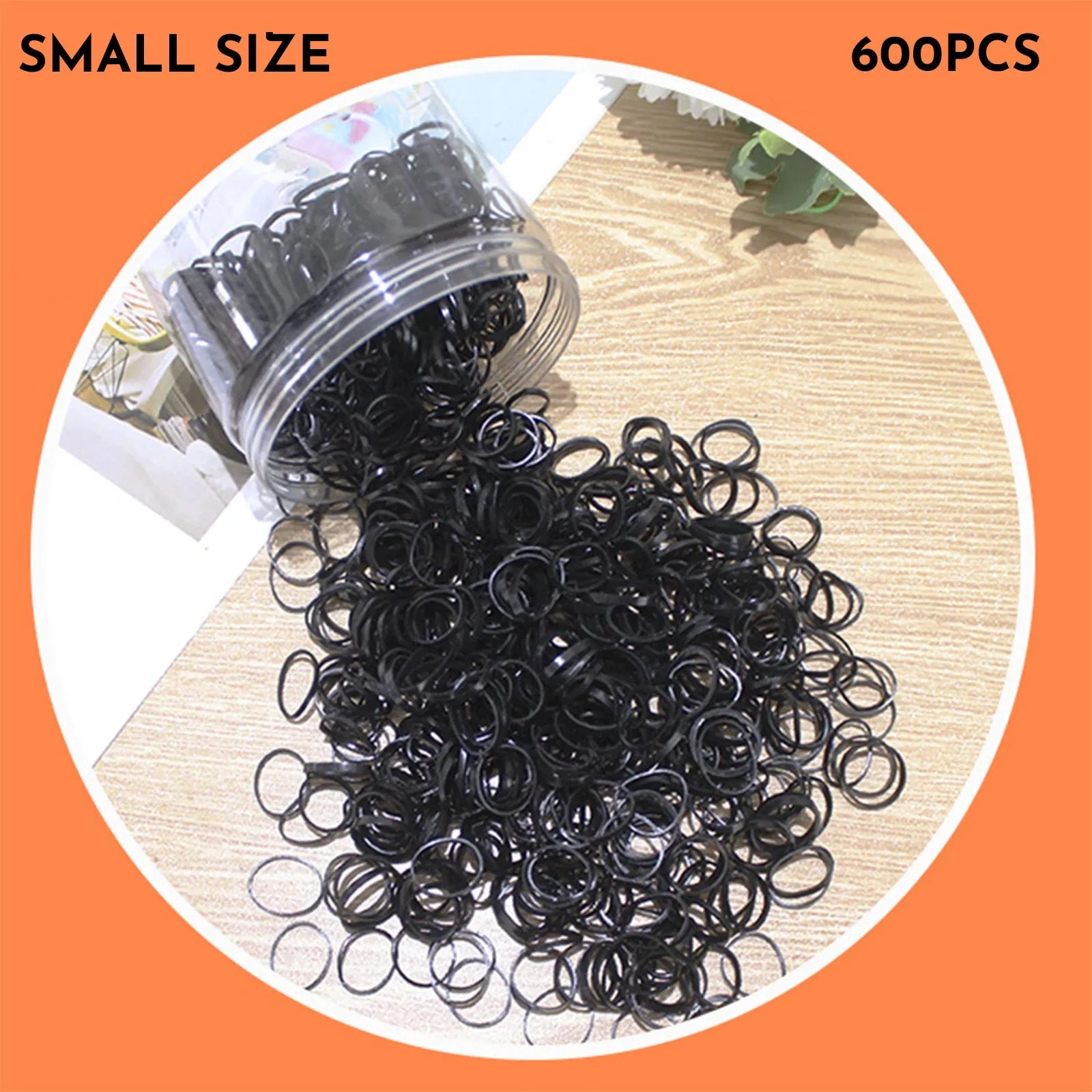 Assorted colourful thin TPU baby hair ties for toddlers and kids in a reusable plastic storage container.