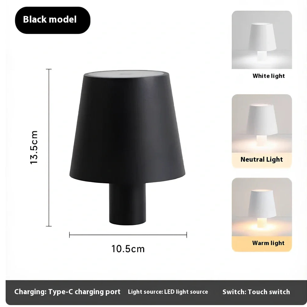 White and black LED wine bottle table lamps with USB charging and dimmable lighting on wooden surface