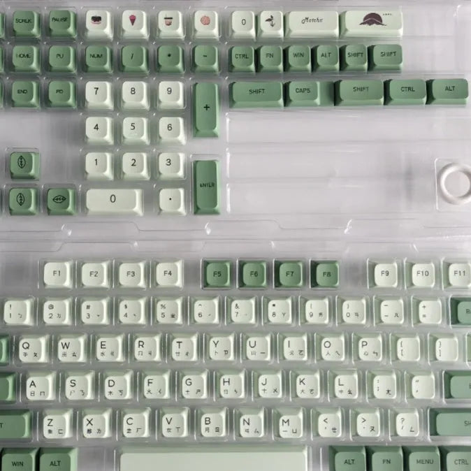 Matcha-themed PBT keycap set with 124 keys and dye-sublimated legends in multiple languages