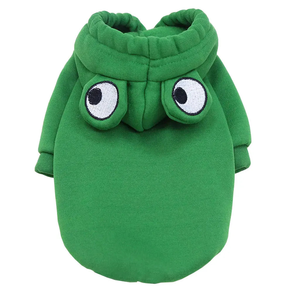 Green frog costume hoodie on small dog showing hood and four-leg design