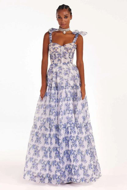 Floral off-the-shoulder organza dress with lace-up detail in a stunning blue hue