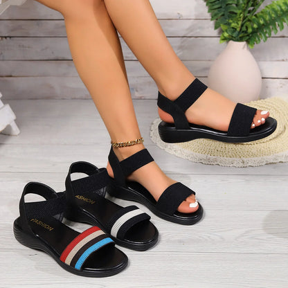 Women's colour-block elastic sandals with fish mouth toe design in white, black, and rainbow colours