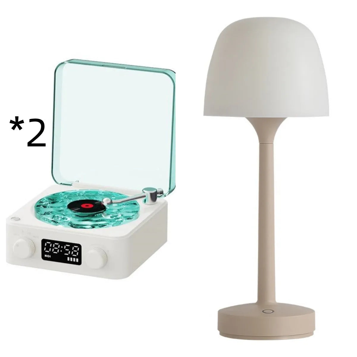 Retro-style turntable Bluetooth speaker with glowing RGB light projection on a wooden surface.