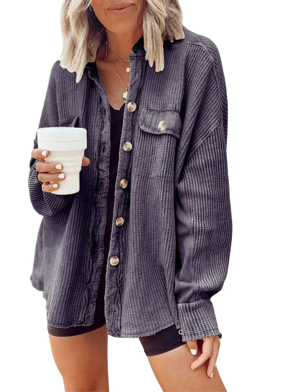 Women's lapel long sleeve button shirt jacket in various colours