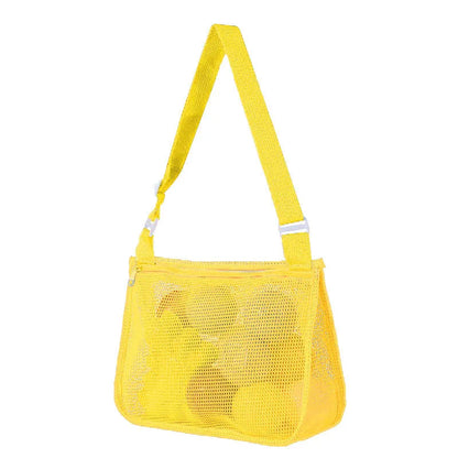 Blue children's drawstring travel storage bag made of nylon mesh for organising toys and clothes.