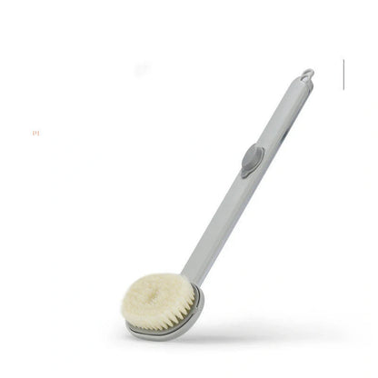 Dual-purpose shower brush with ergonomic handle and detachable head in yellow, grey, green, and pink