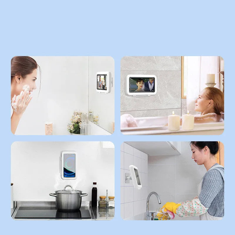 White waterproof phone case mounted on bathroom tile showing smartphone inside with touch screen accessible