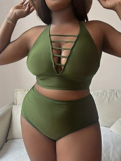 Plus size halter bikini set with adjustable straps and high-waist briefs in solid colour