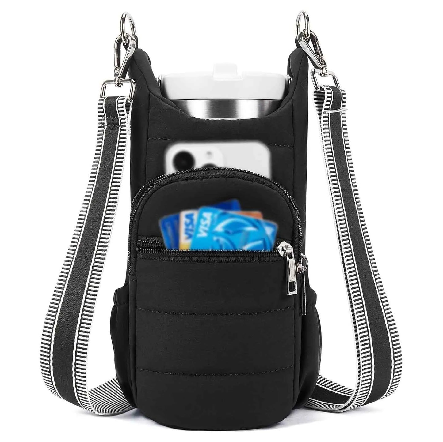 Black cloth water bottle carrier bag mounted on bicycle handlebars