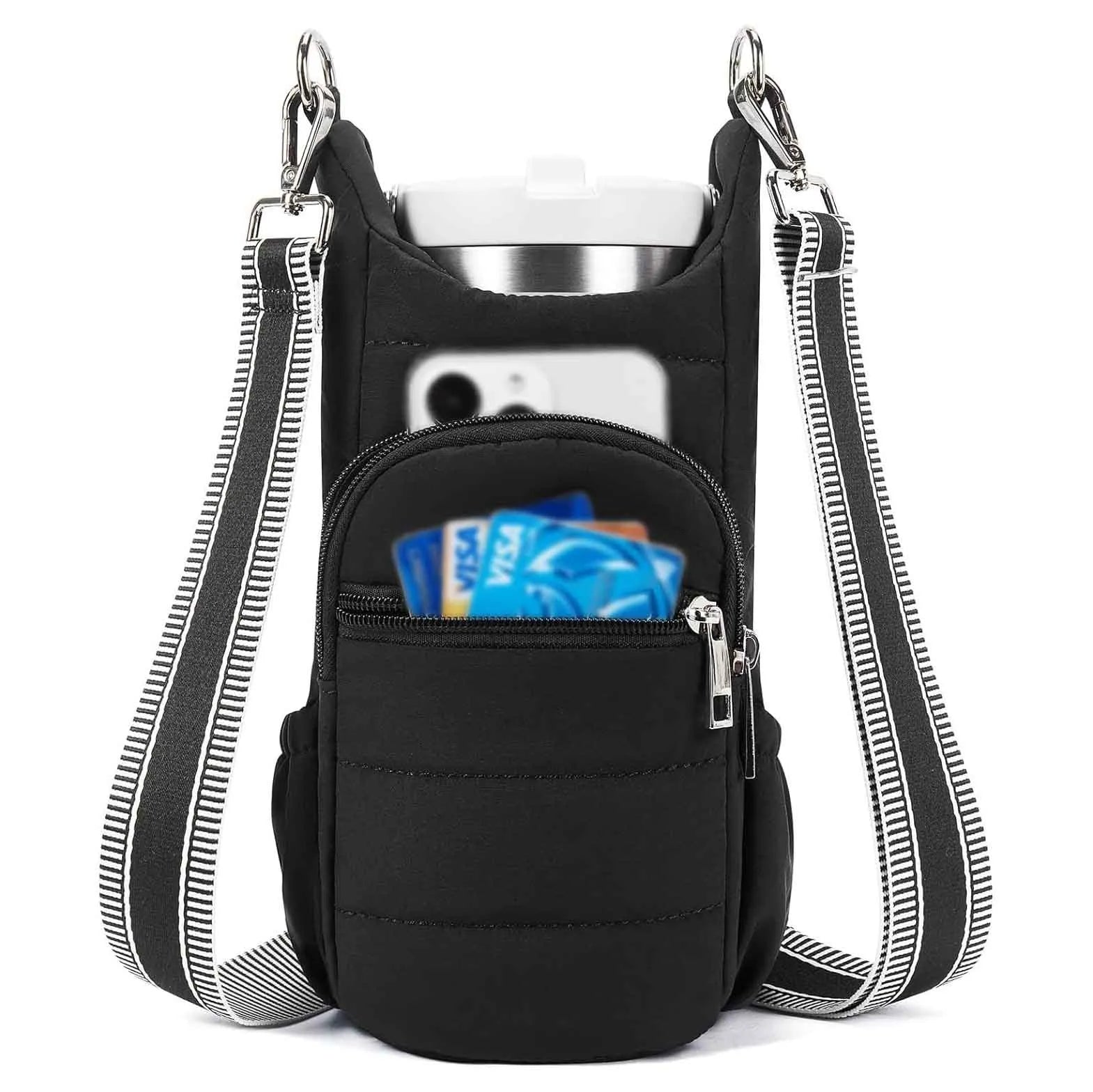 Black cloth water bottle carrier bag mounted on bicycle handlebars
