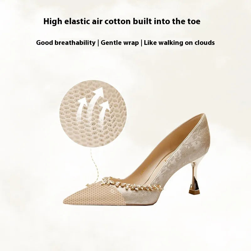 Chinese style satin wedding high heels with rhinestone detailing in champagne, green or silver